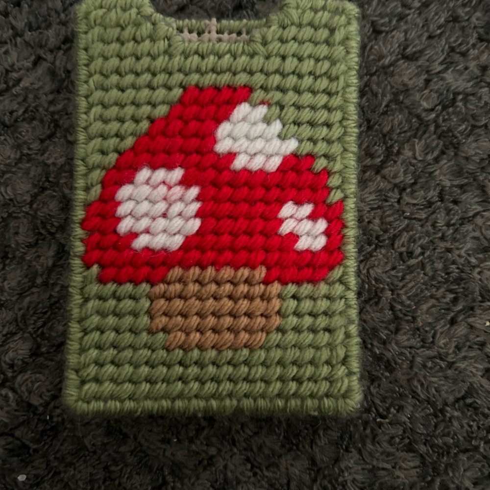 Hand Crafted Green Knit Mushroom Card Holder - Red, White & Brown